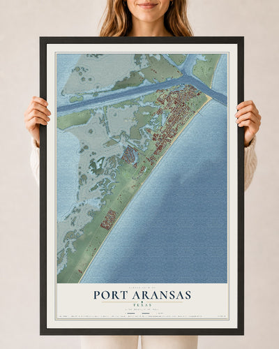 Map of Port Aransas, Texas, 24 x 36 inch print in a black wood frame