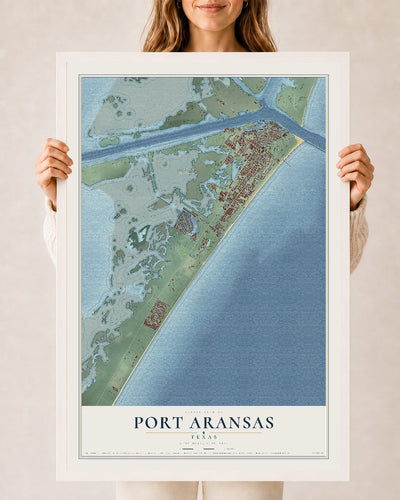 Map of Port Aransas, Texas, 24 x 36 inch print in a white wood frame