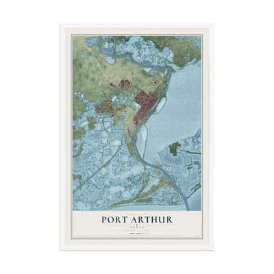 Map of Port Arthur, Texas, 12 x 18 inch print in a white wood frame
