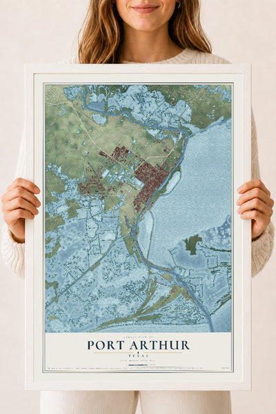 Map of Port Arthur, Texas, 18 x 24 inch print in a white wood frame