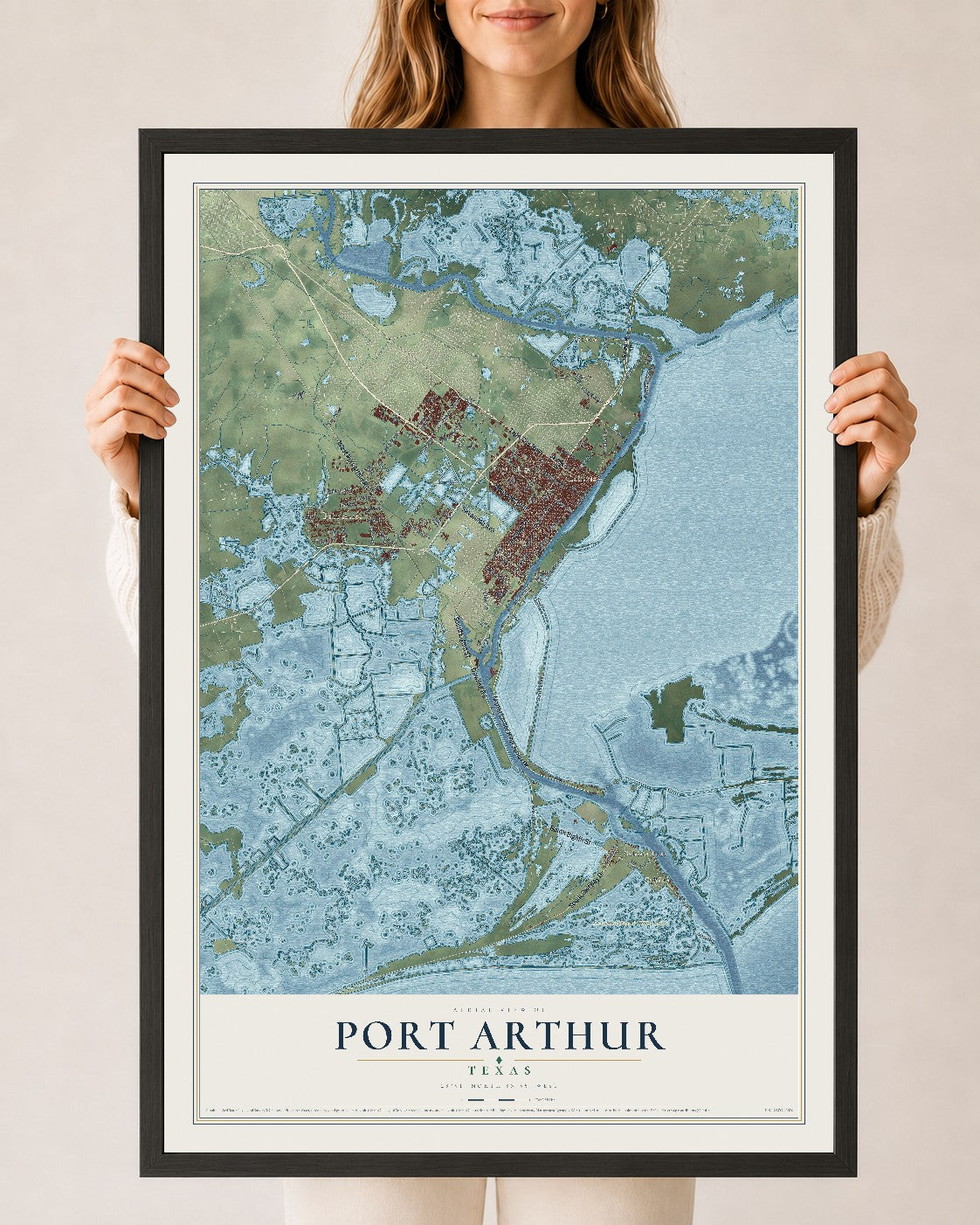 Map of Port Arthur, Texas, 24 x 36 inch print in a black wood frame
