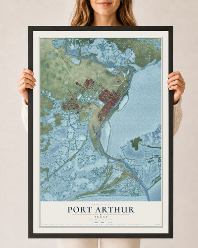 Map of Port Arthur, Texas, 24 x 36 inch print in a black wood frame