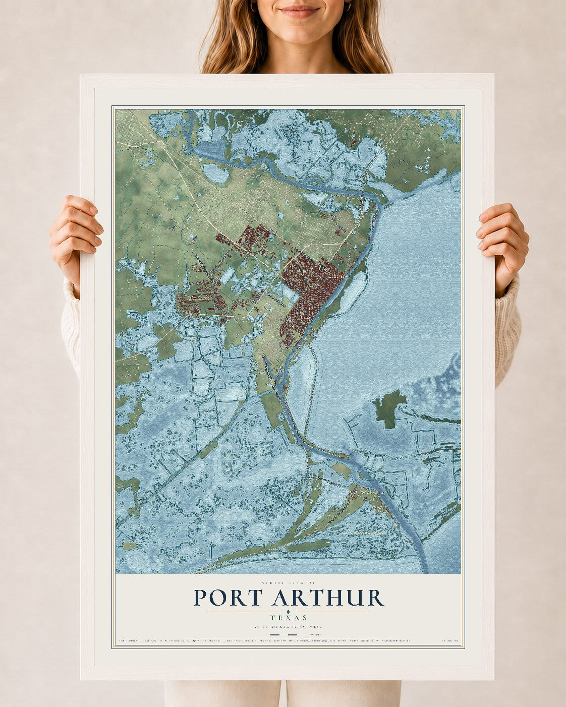 Map of Port Arthur, Texas, 24 x 36 inch print in a white wood frame