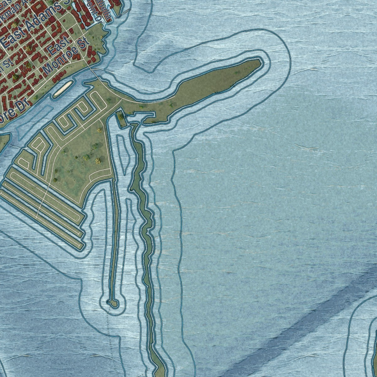 Close-up of the map of Port Isabel, Texas print showing street and building detail