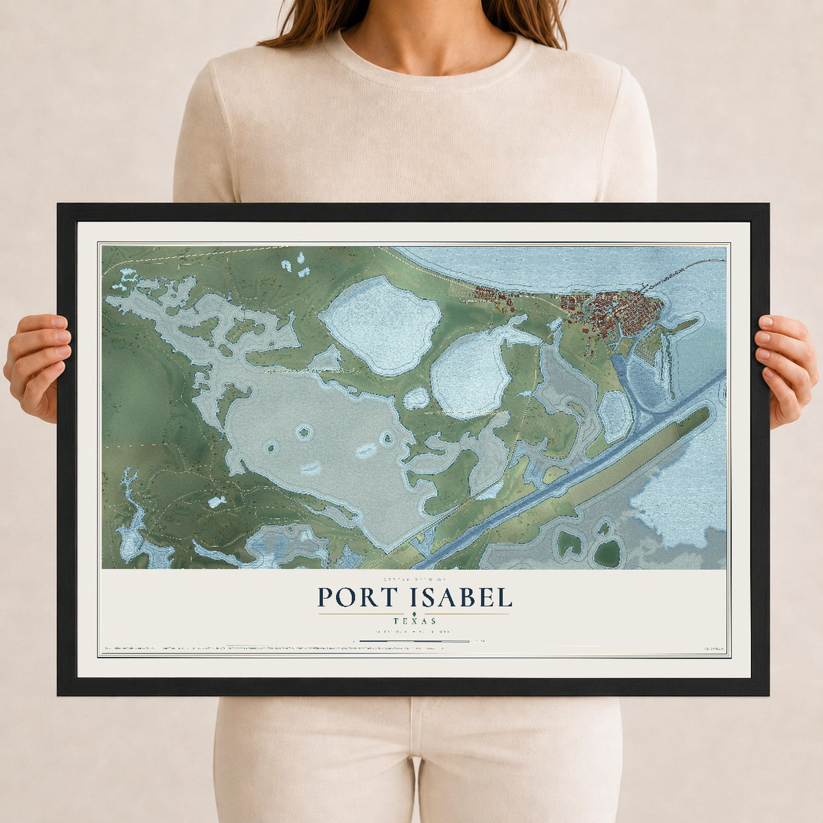 Map of Port Isabel, Texas, 12 x 18 inch print in a black wood frame