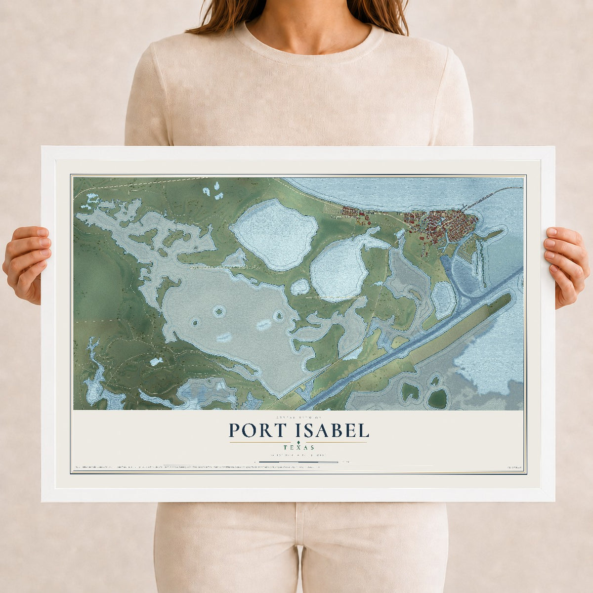 Map of Port Isabel, Texas, 12 x 18 inch print in a white wood frame