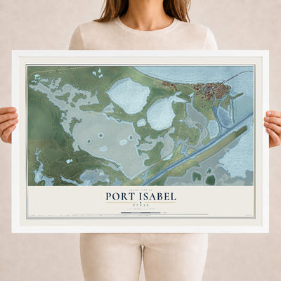 Map of Port Isabel, Texas, 18 x 24 inch print in a white wood frame