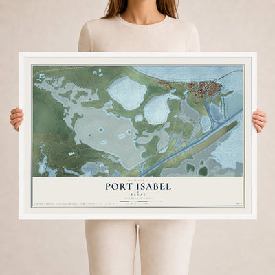 Map of Port Isabel, Texas, 24 x 36 inch print in a white wood frame