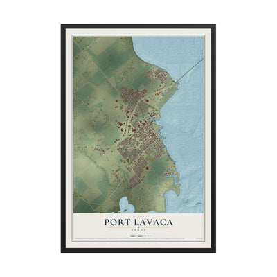 Map of Port Lavaca, Texas, 12 x 18 inch print in a black wood frame