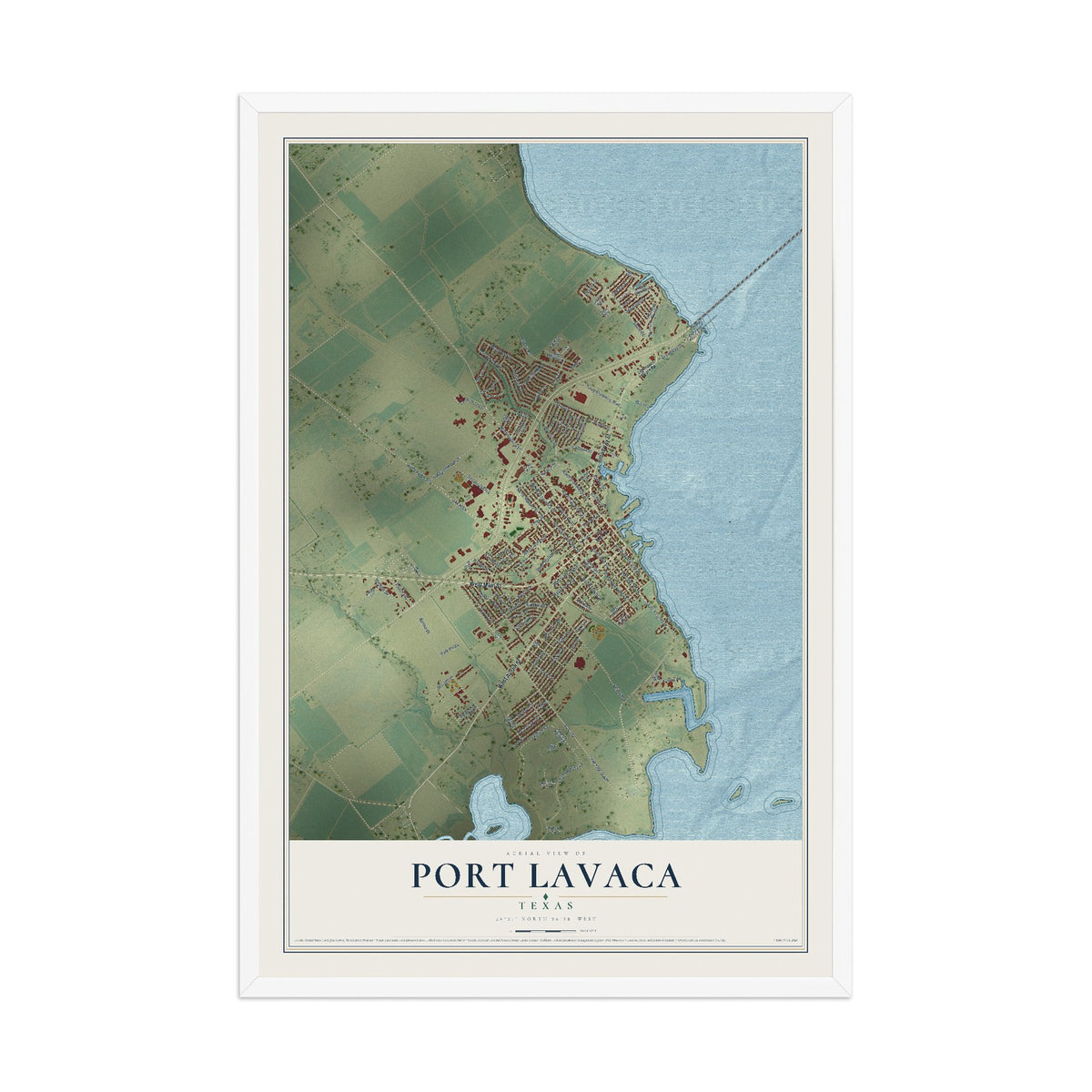 Map of Port Lavaca, Texas, 12 x 18 inch print in a white wood frame