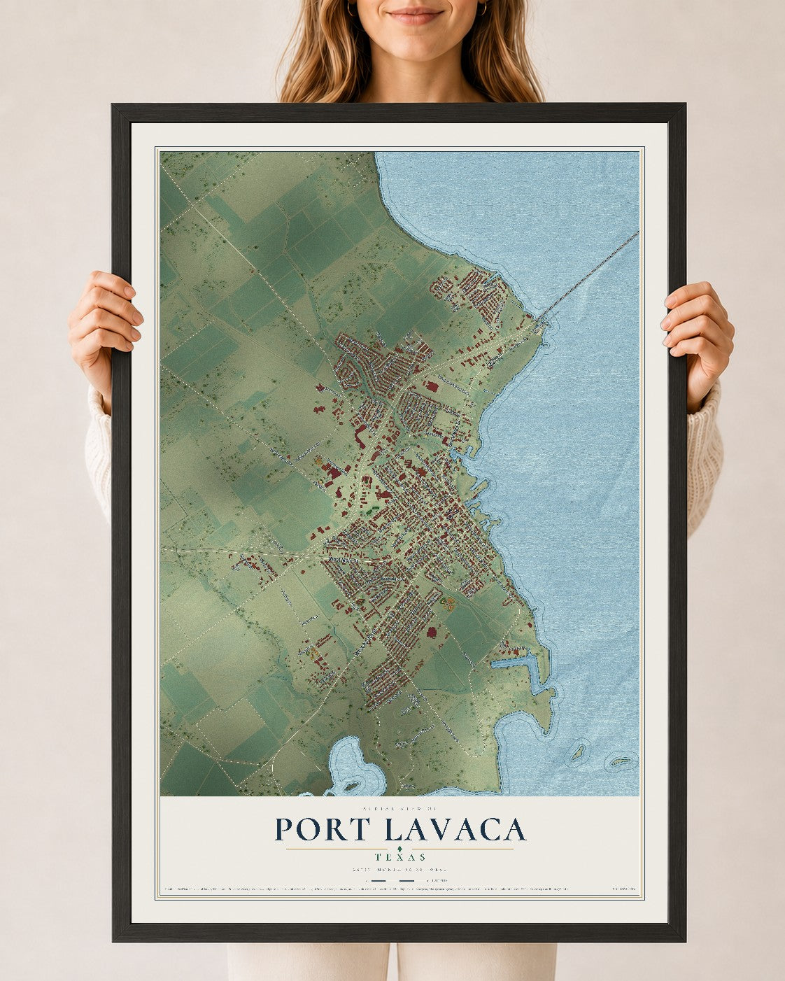 Map of Port Lavaca, Texas, 24 x 36 inch print in a black wood frame