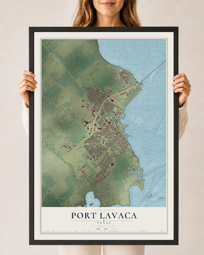 Map of Port Lavaca, Texas, 24 x 36 inch print in a black wood frame