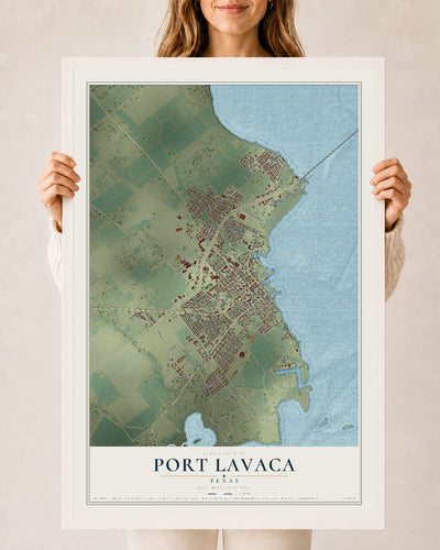 Map of Port Lavaca, Texas, 24 x 36 inch print in a white wood frame