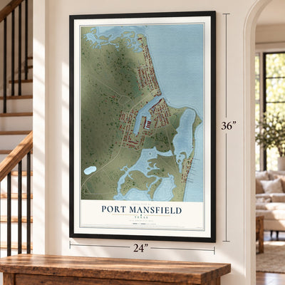 Port Mansfield, Texas map, 24 x 36 inch print in a black frame by a staircase