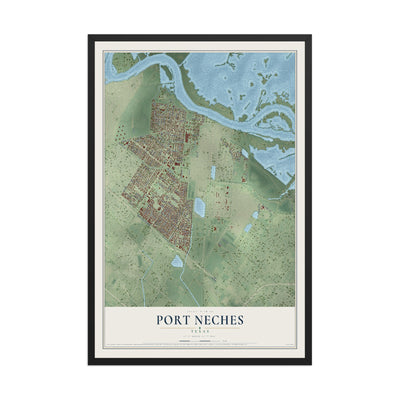 Map of Port Neches, Texas, 12 x 18 inch print in a black wood frame