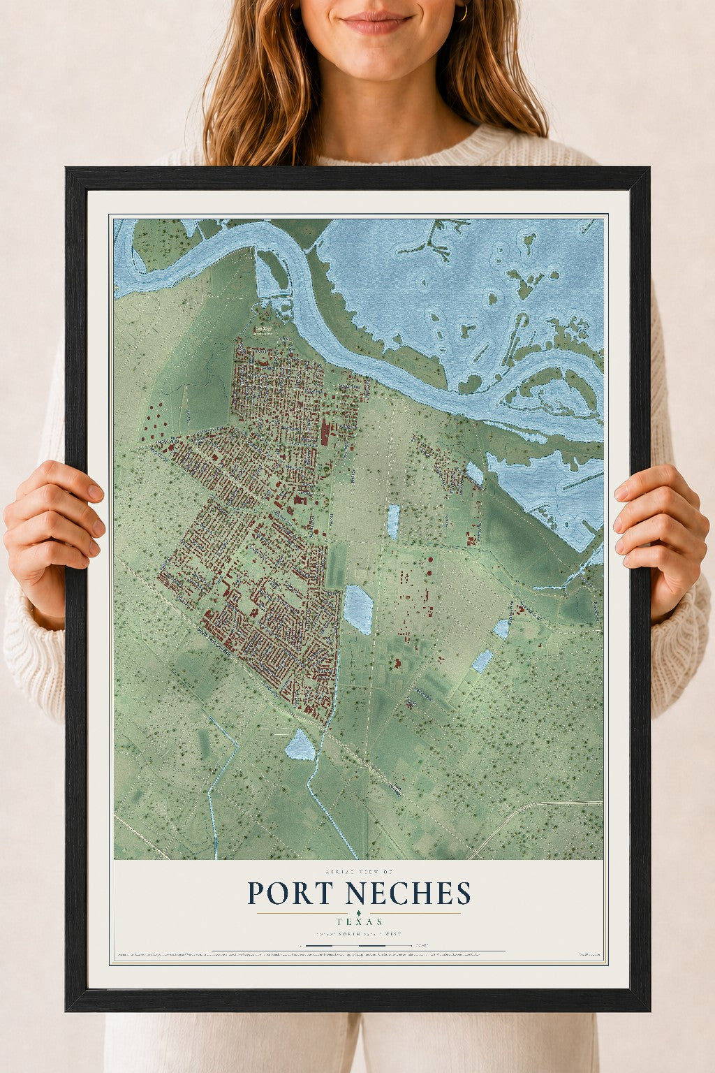 Map of Port Neches, Texas, 18 x 24 inch print in a black wood frame