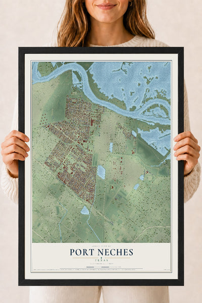Map of Port Neches, Texas, 18 x 24 inch print in a black wood frame
