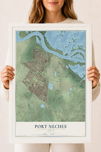 Map of Port Neches, Texas, 18 x 24 inch print in a white wood frame