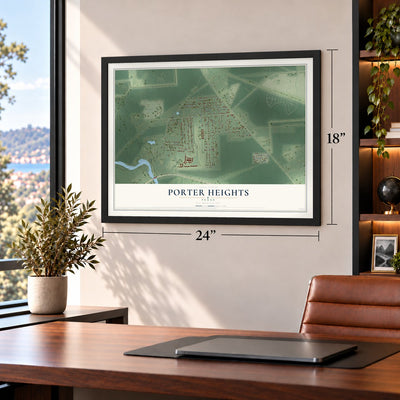 Porter Heights, Texas map, 18 x 24 inch print in a black frame in a home office