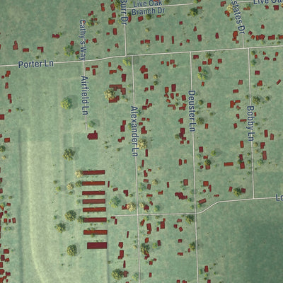 Close-up of the map of Porter Heights, Texas print showing street and building detail