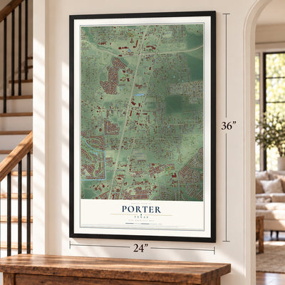 Porter, Texas map, 24 x 36 inch print in a black frame by a staircase
