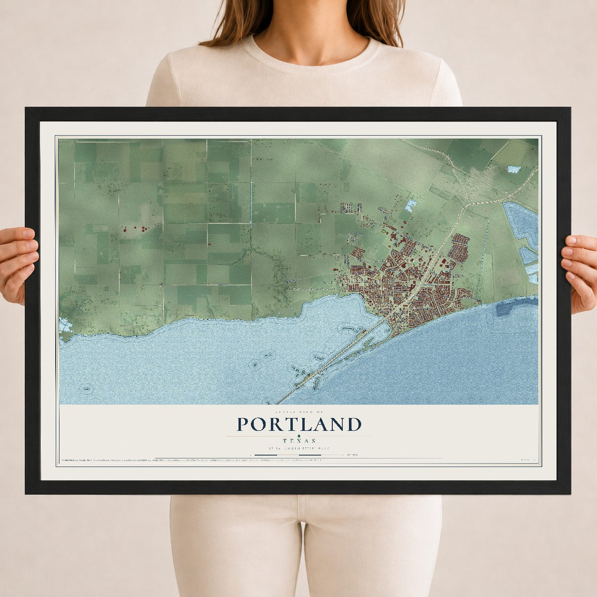Map of Portland, Texas, 18 x 24 inch print in a black wood frame