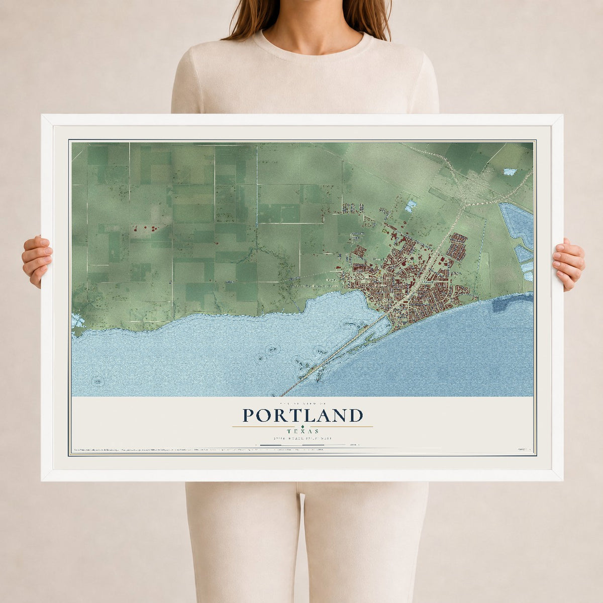 Map of Portland, Texas, 24 x 36 inch print in a white wood frame