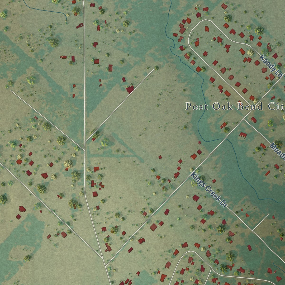 Close-up of the map of Post Oak Bend, Texas print showing street and building detail