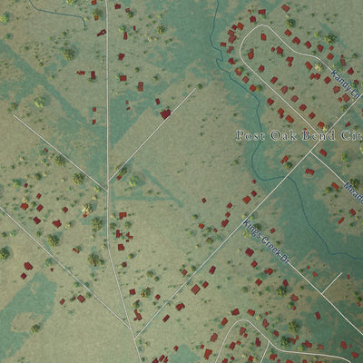 Close-up of the map of Post Oak Bend, Texas print showing street and building detail