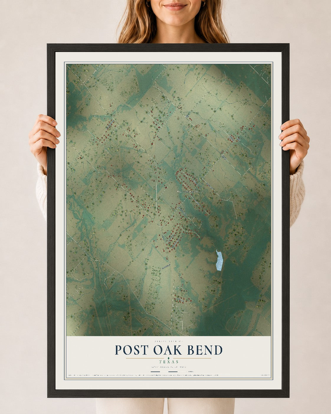 Map of Post Oak Bend, Texas, 24 x 36 inch print in a black wood frame
