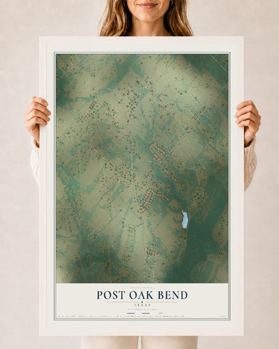 Map of Post Oak Bend, Texas, 24 x 36 inch print in a white wood frame