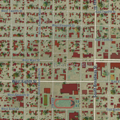 Close-up of the map of Post, Texas print showing street and building detail