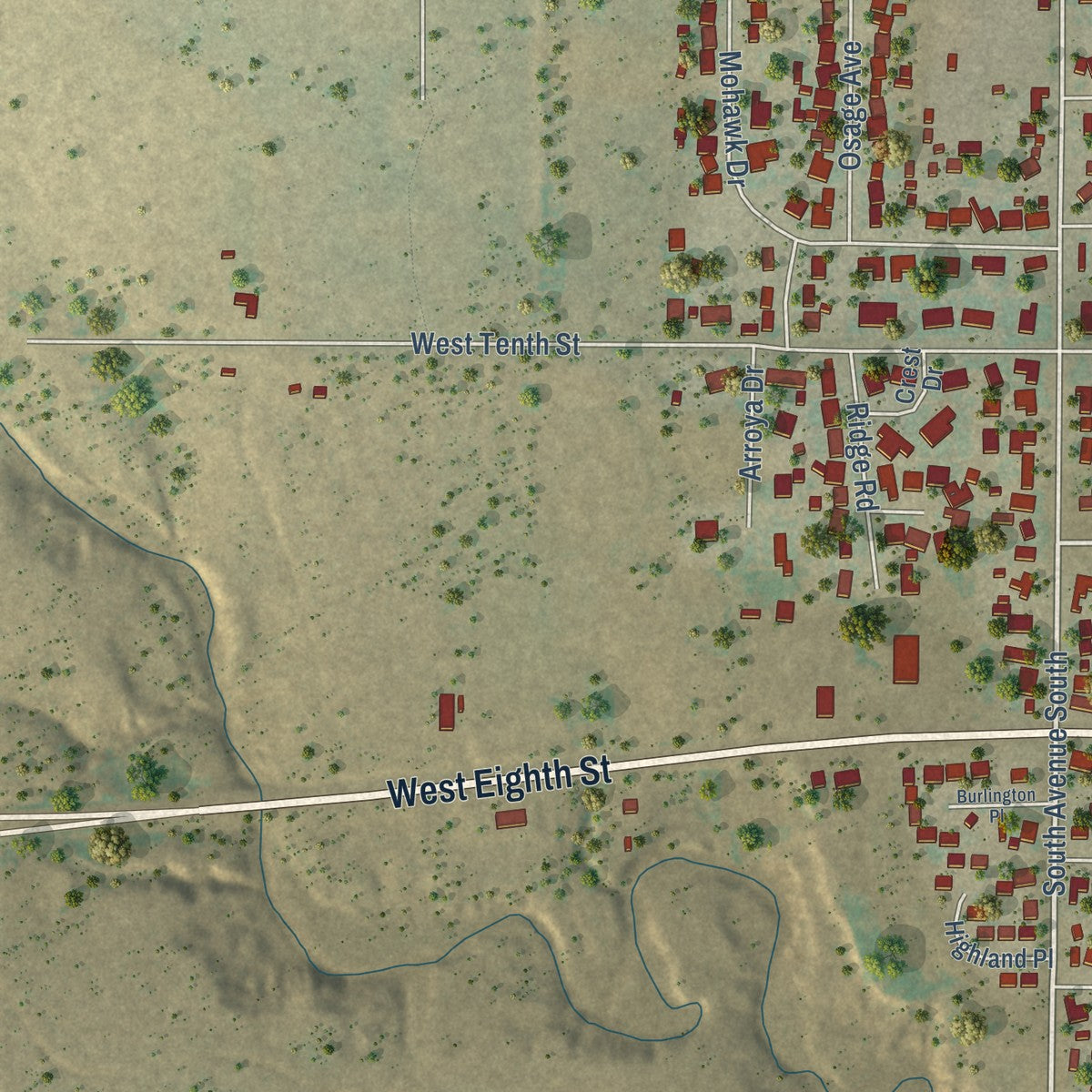 Second close-up of the map of Post, Texas print showing more streets and buildings