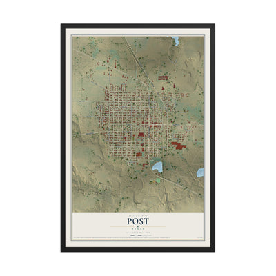 Map of Post, Texas, 12 x 18 inch print in a black wood frame