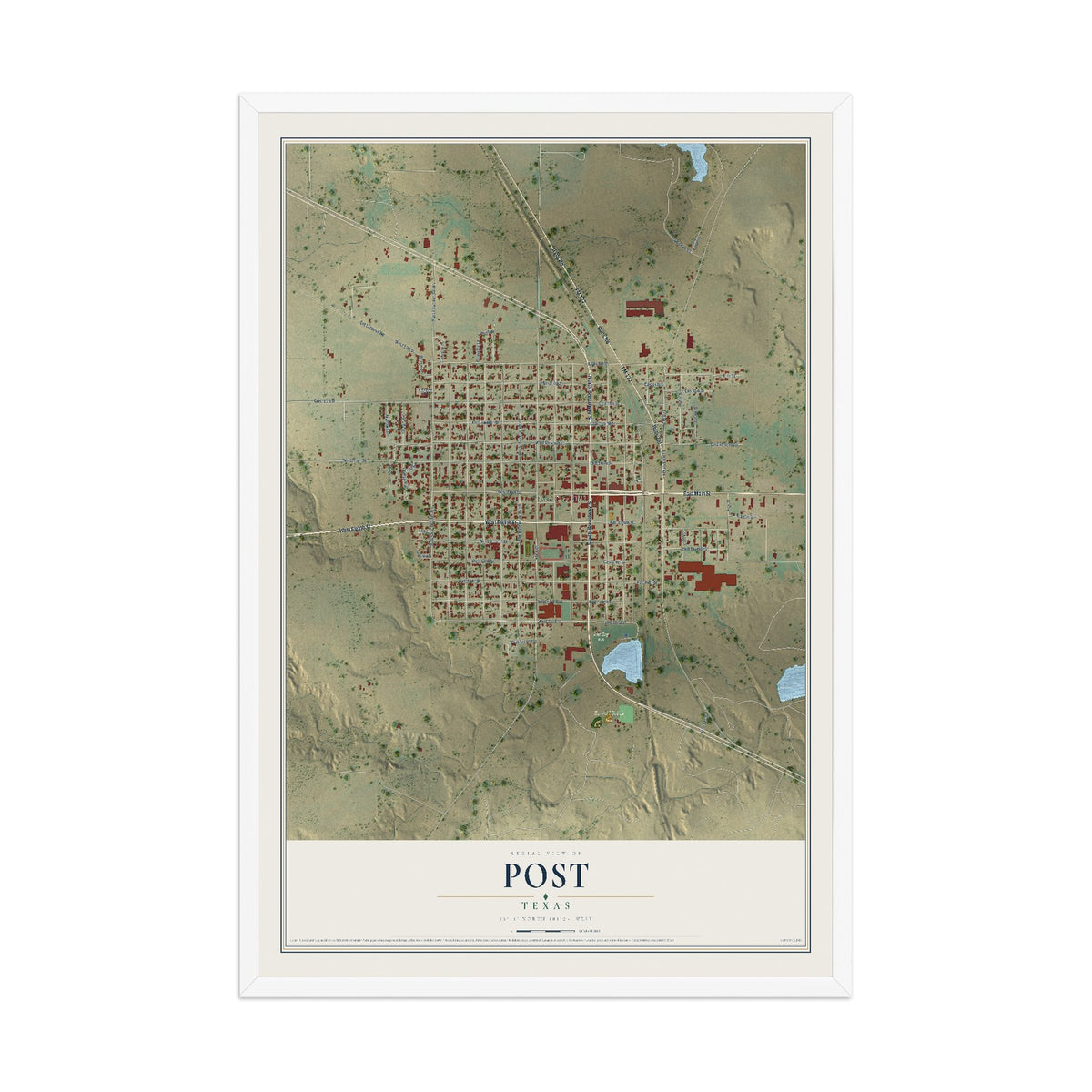 Map of Post, Texas, 12 x 18 inch print in a white wood frame