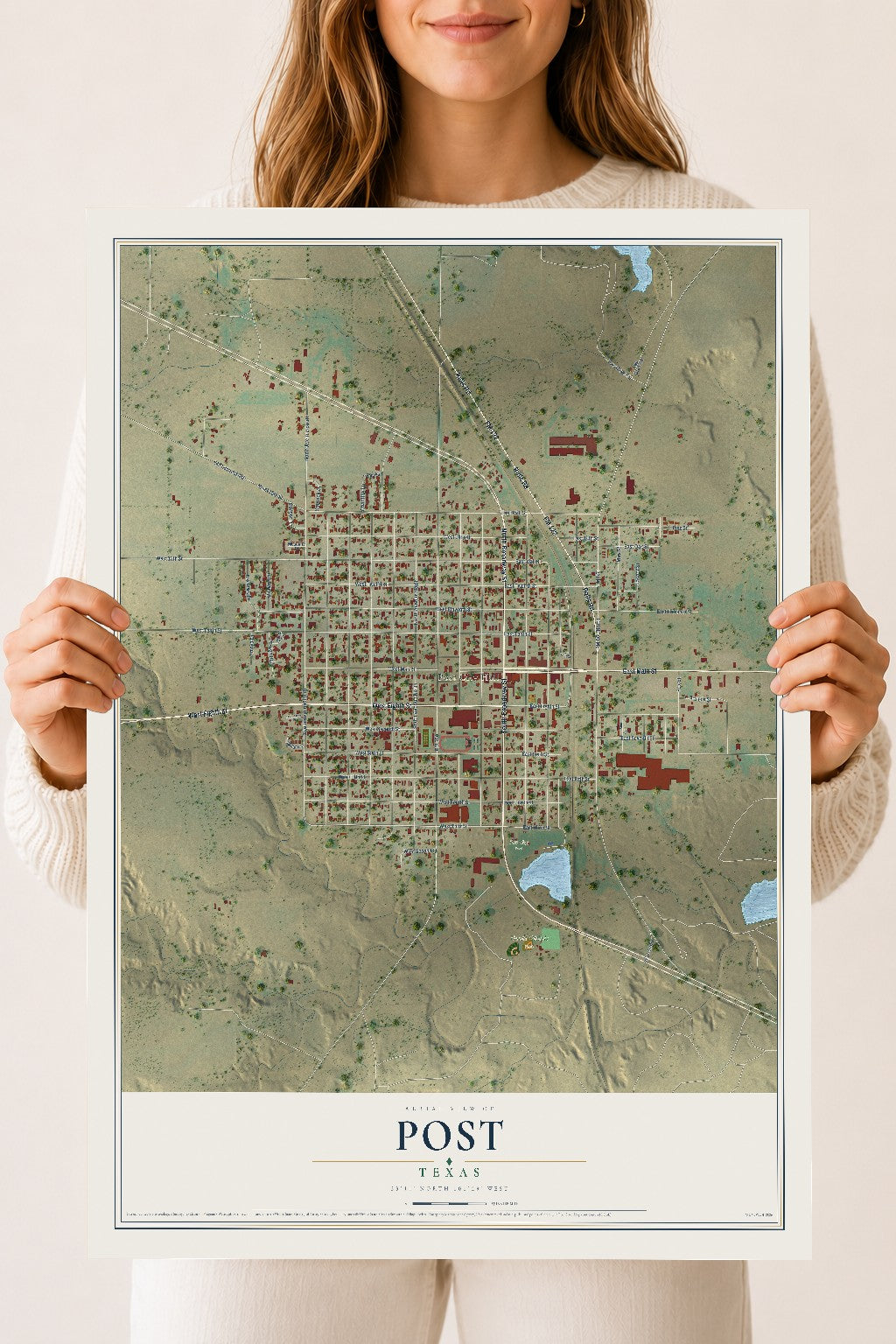 Map of Post, Texas, 18 x 24 inch unframed archival matte print