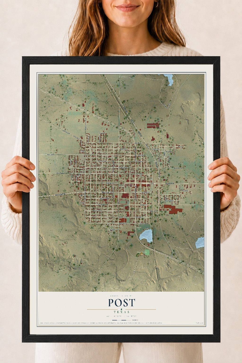 Map of Post, Texas, 18 x 24 inch print in a black wood frame