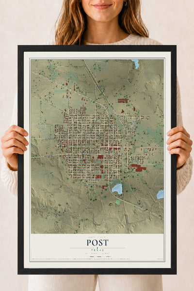 Map of Post, Texas, 18 x 24 inch print in a black wood frame