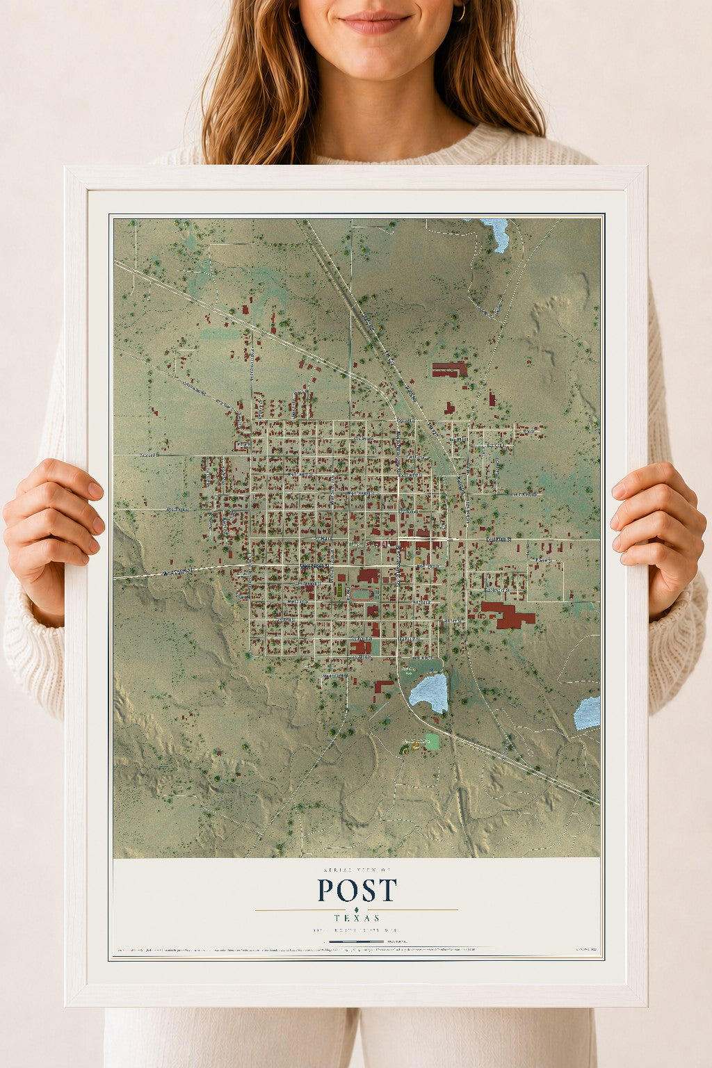 Map of Post, Texas, 18 x 24 inch print in a white wood frame