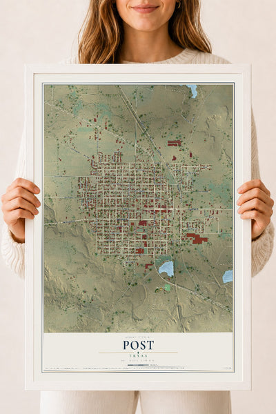 Map of Post, Texas, 18 x 24 inch print in a white wood frame