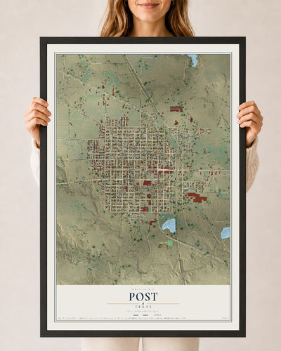 Map of Post, Texas, 24 x 36 inch print in a black wood frame