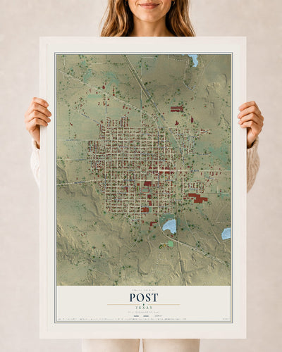 Map of Post, Texas, 24 x 36 inch print in a white wood frame