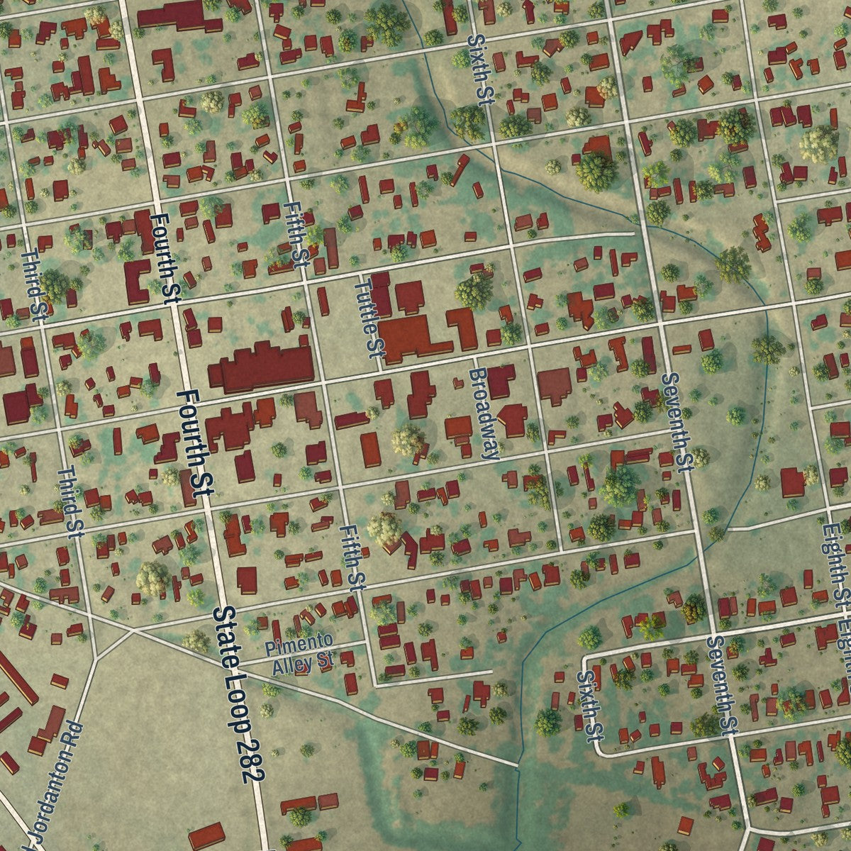 Close-up of the map of Poteet, Texas print showing street and building detail