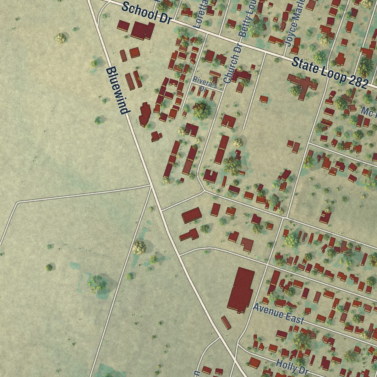 Second close-up of the map of Poteet, Texas print showing more streets and buildings