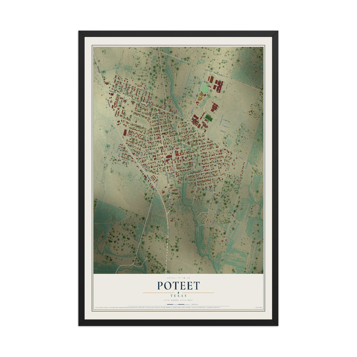 Map of Poteet, Texas, 12 x 18 inch print in a black wood frame