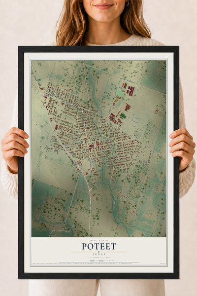 Map of Poteet, Texas, 18 x 24 inch print in a black wood frame