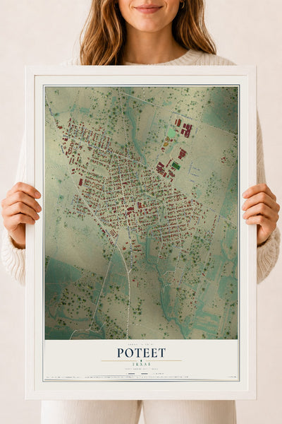 Map of Poteet, Texas, 18 x 24 inch print in a white wood frame