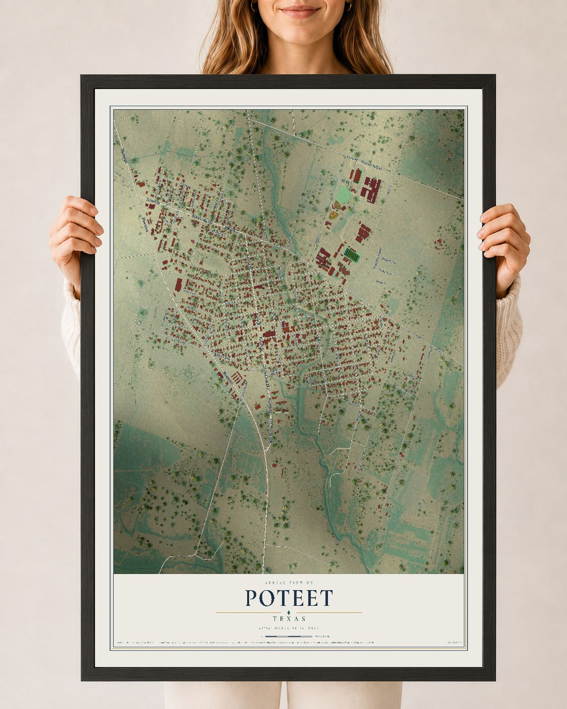 Map of Poteet, Texas, 24 x 36 inch print in a black wood frame
