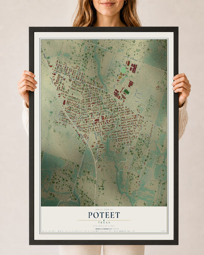 Map of Poteet, Texas, 24 x 36 inch print in a black wood frame