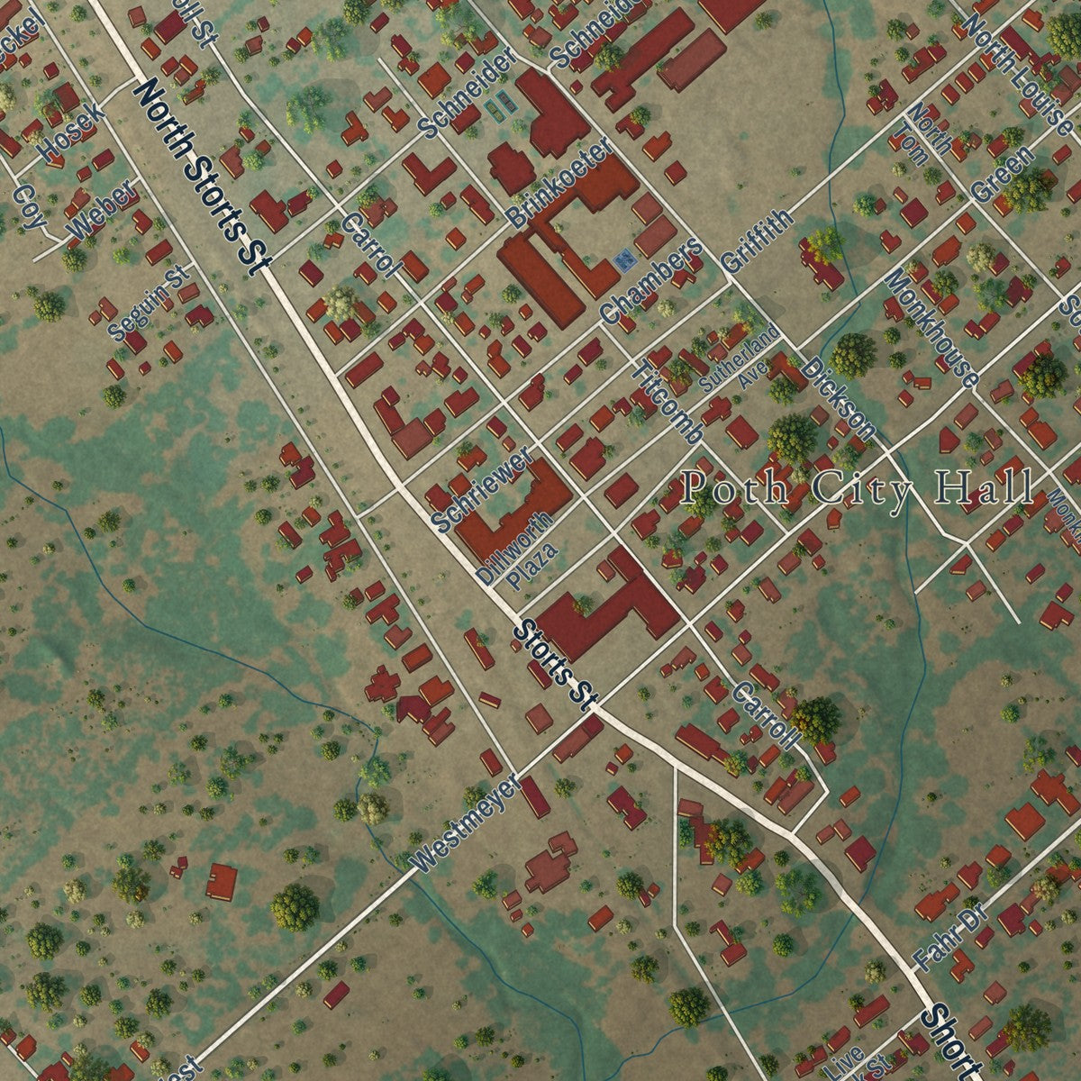 Close-up of the map of Poth, Texas print showing street and building detail